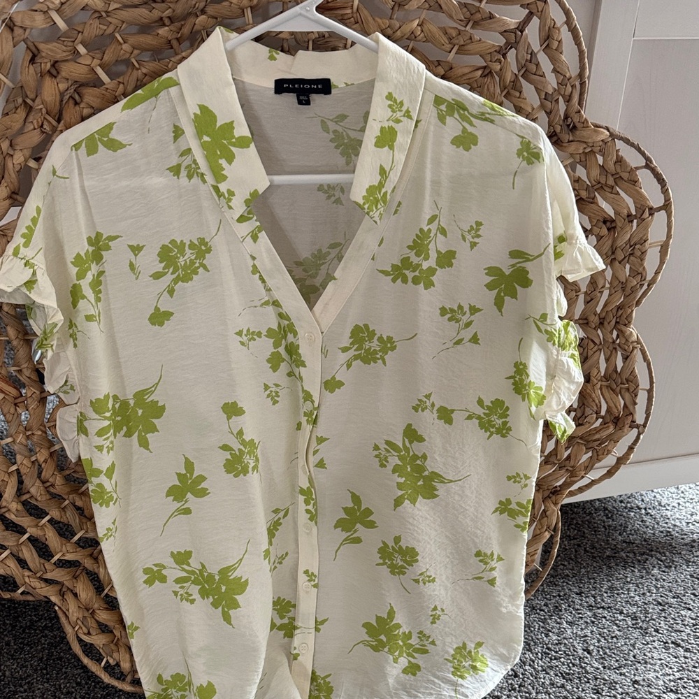 Cream Shirt with Green Leaf Print